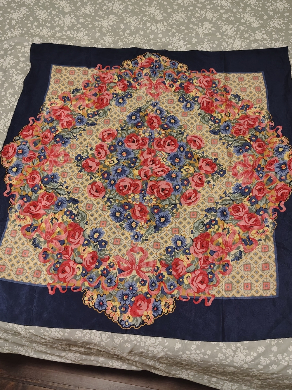 Floral Silk-Look Square Scarf in Navy, Pink & Blue